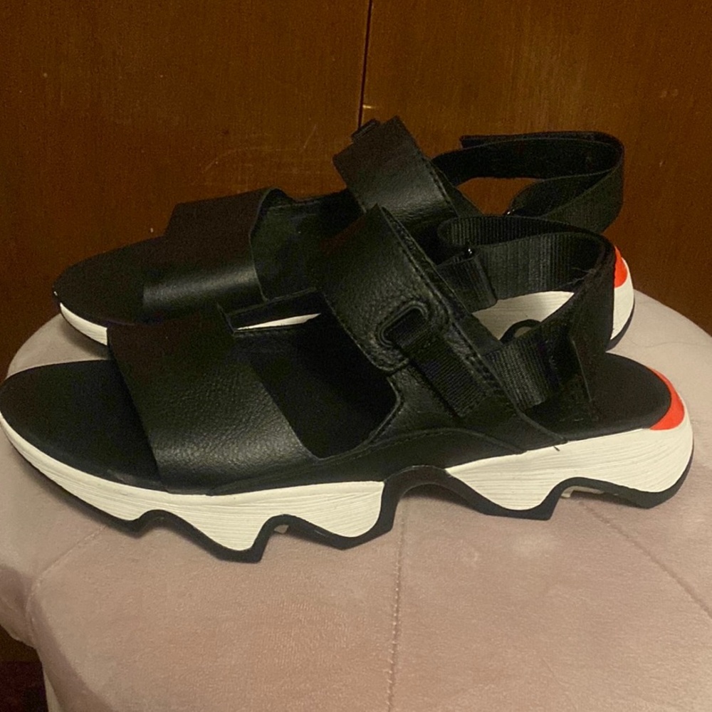 Sorel Black and White Sandals with Red Accent